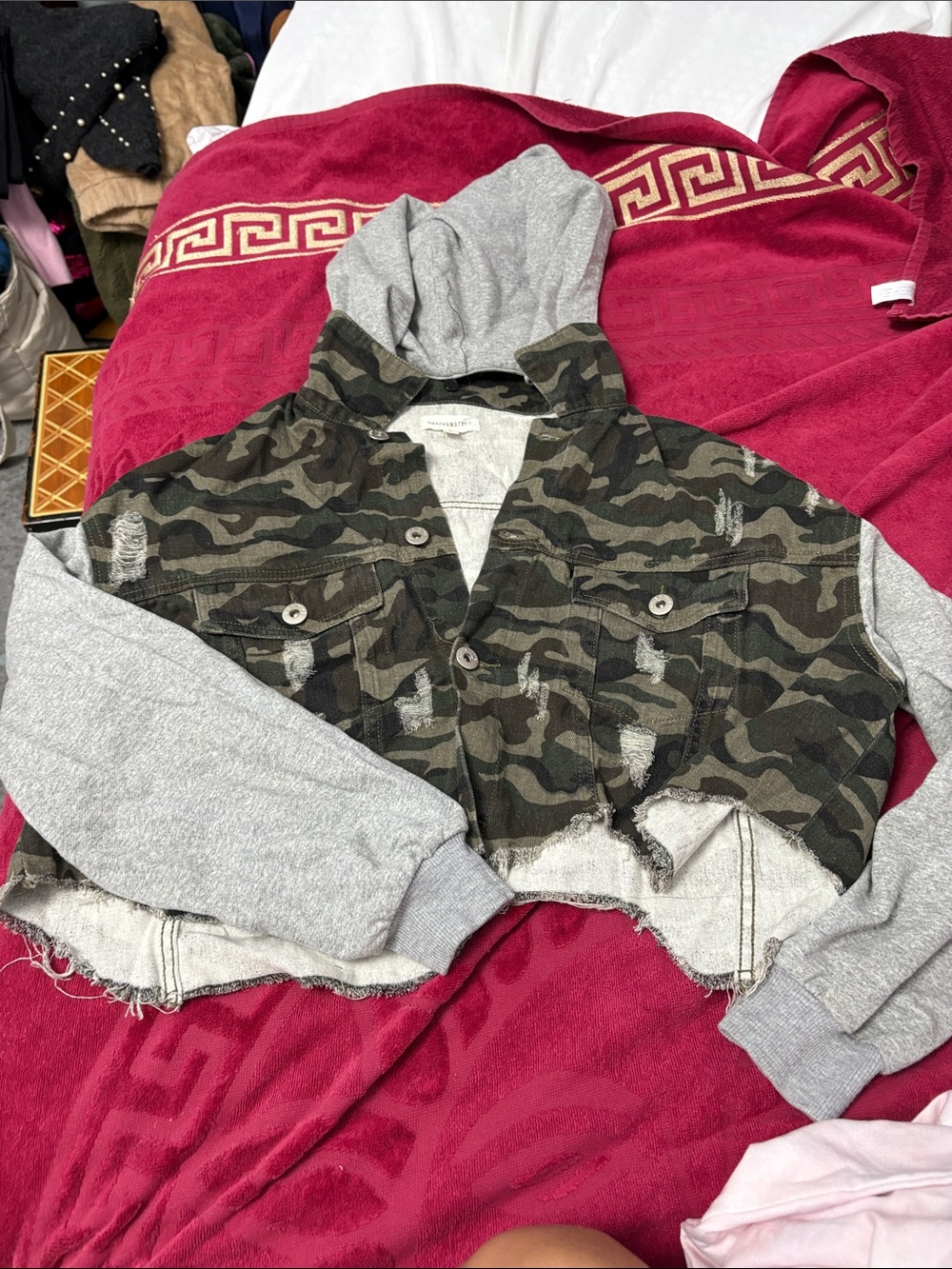 Dance & Marvel Camo Crop Jacket with Gray Hood & Sleeves